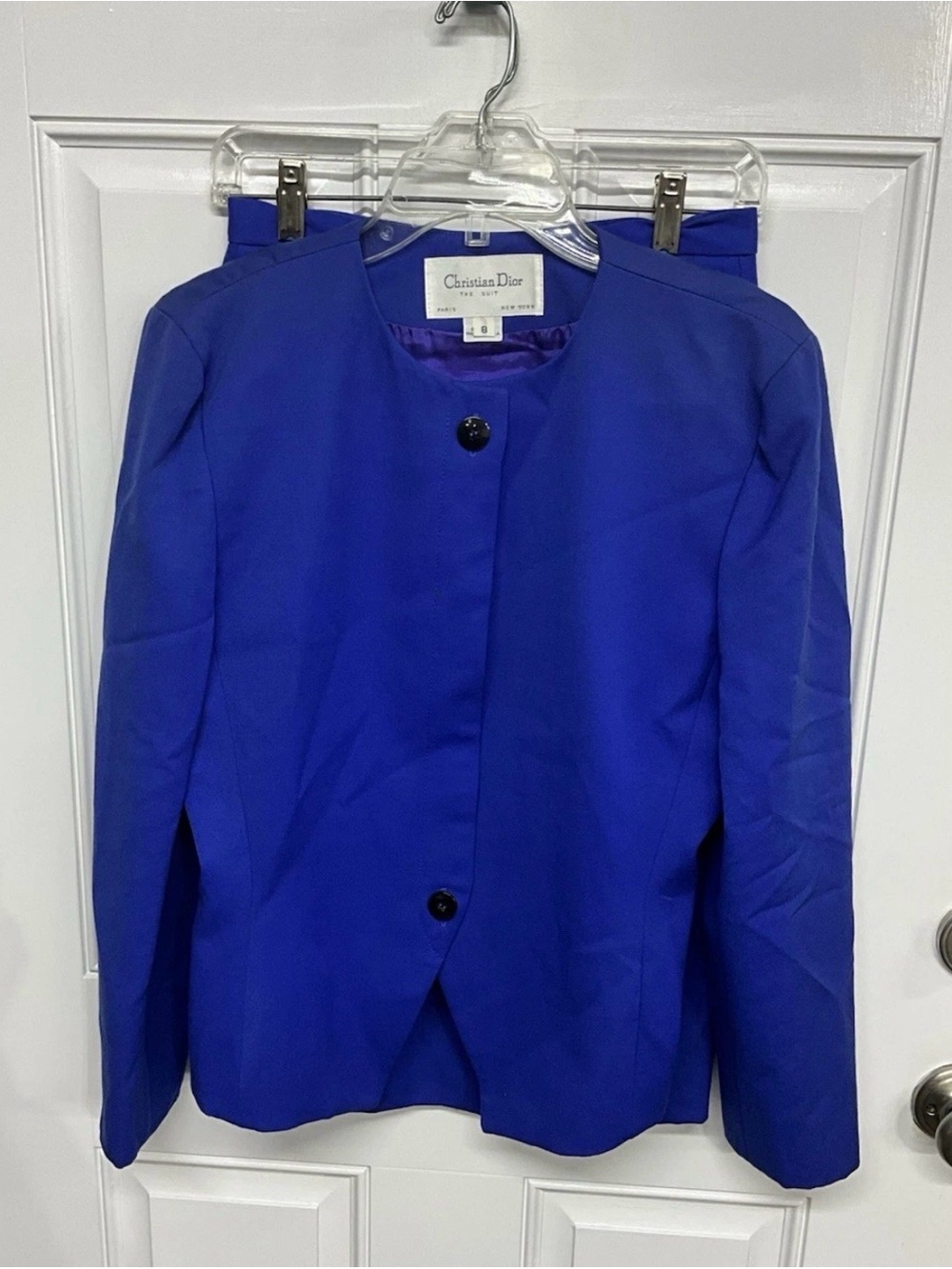 #Vintage Dior Wool Women's Royal Blue Long Sleeve Jacket and Skirt Suit